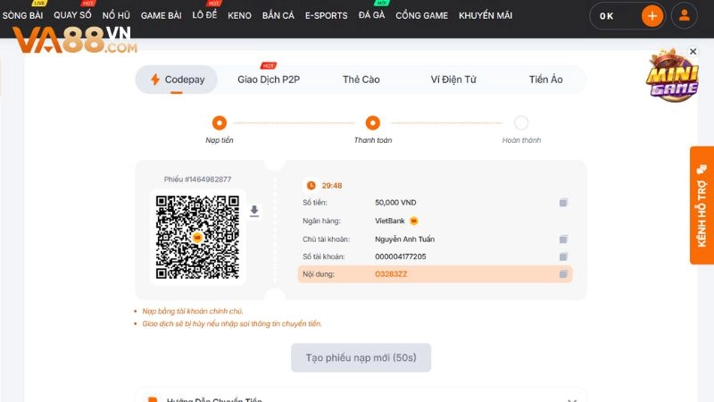 Giao dịch nạp tiền VA88 qua Codepay nhanh chóng