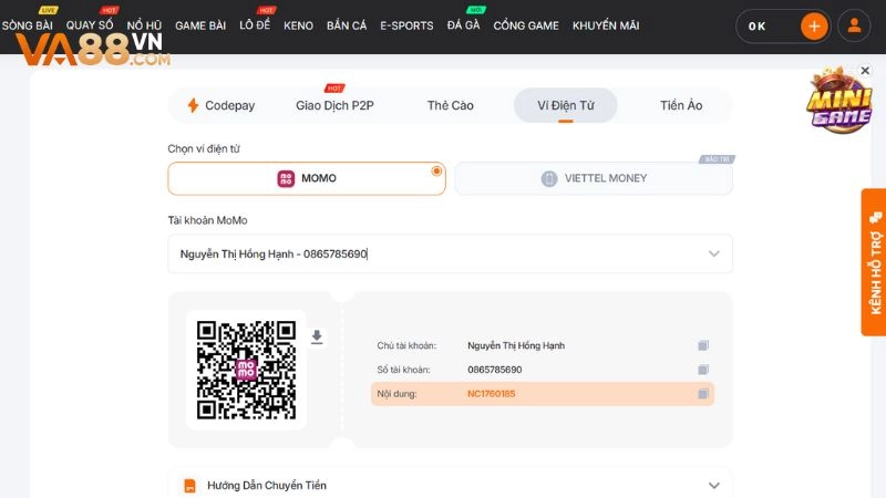 Gửi tiền VA88 an toàn qua các ví điện tử