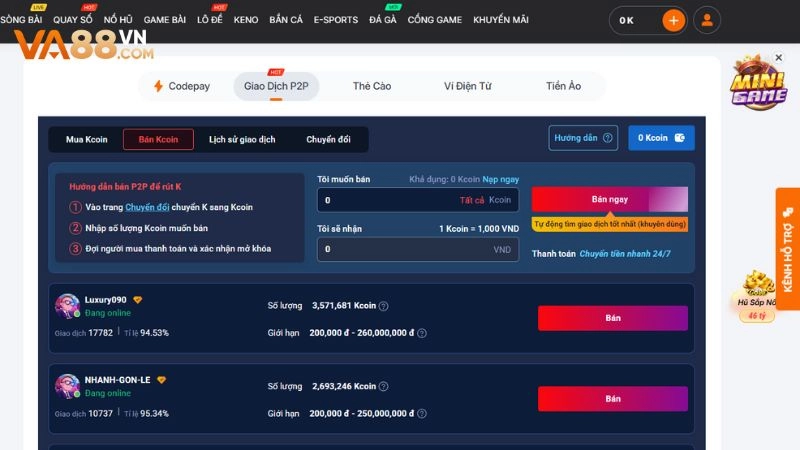 Hướng dẫn thực hiện giao dịch P2P trên nhà cái VA88
