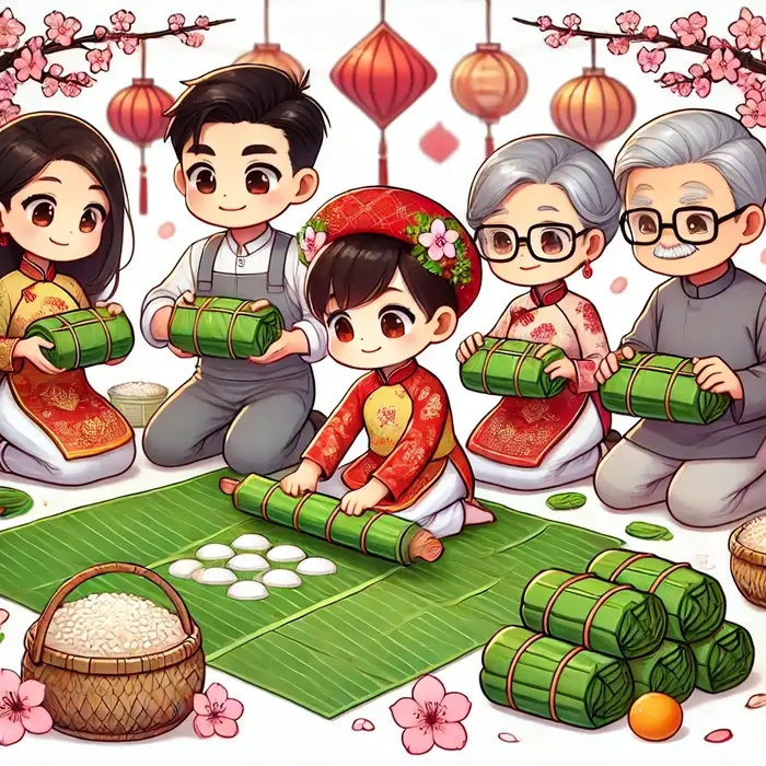 Không khí rộn ràng qua tranh tết chibi đáng yêu