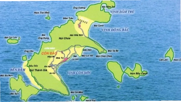 Bản đồ cho thấy vị trí cô lập của nhà tù Côn Đảo giữa biển Đông